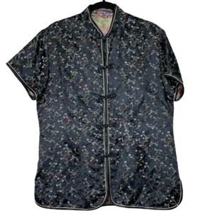 Golden Dragon black oriental traditional floral button down top